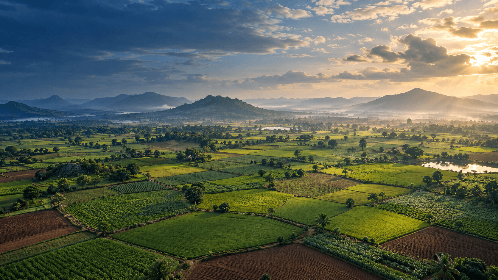 Farmland viewed from above in warm morning light