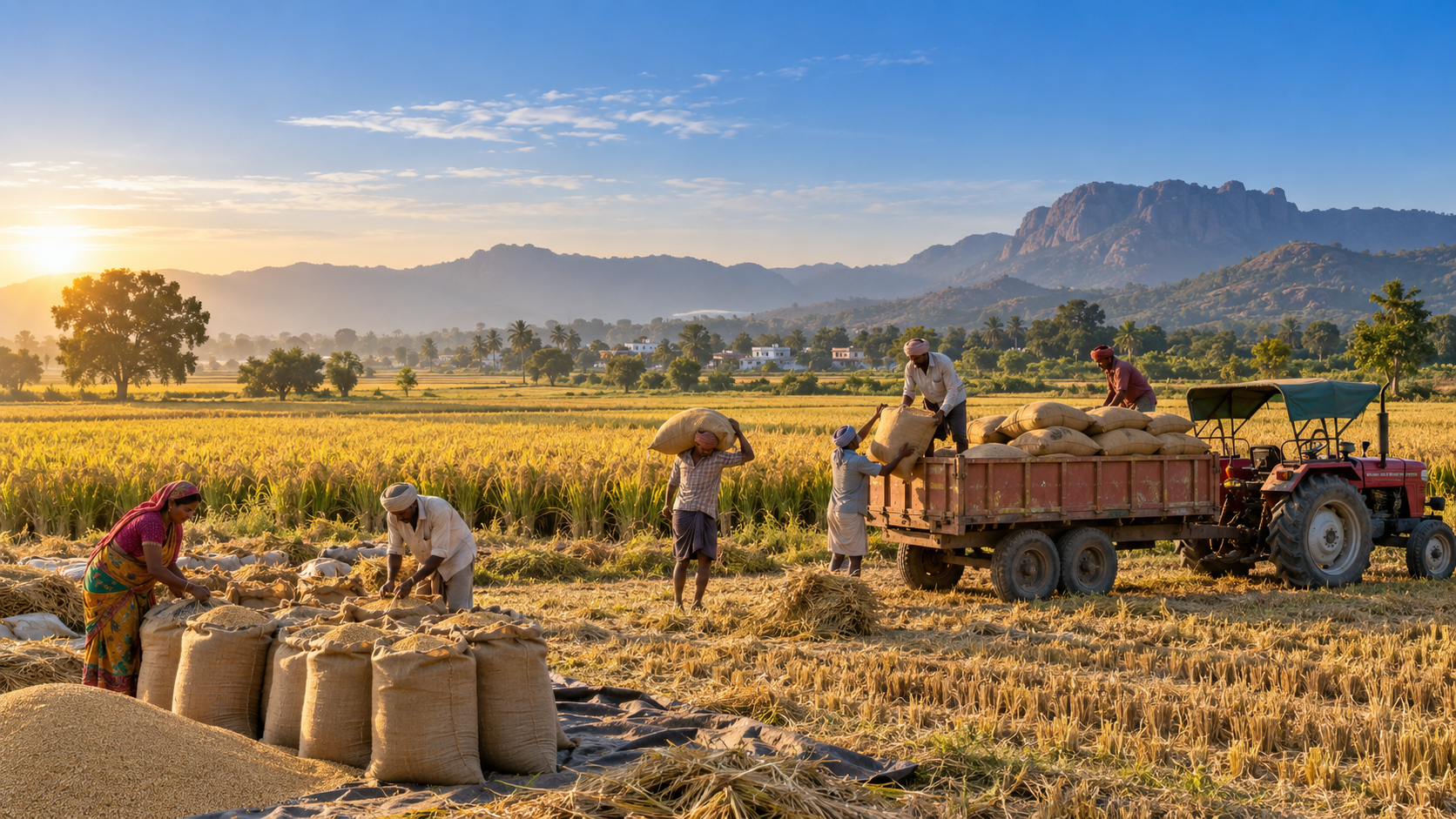 Farmers coordinating a harvest in the field
