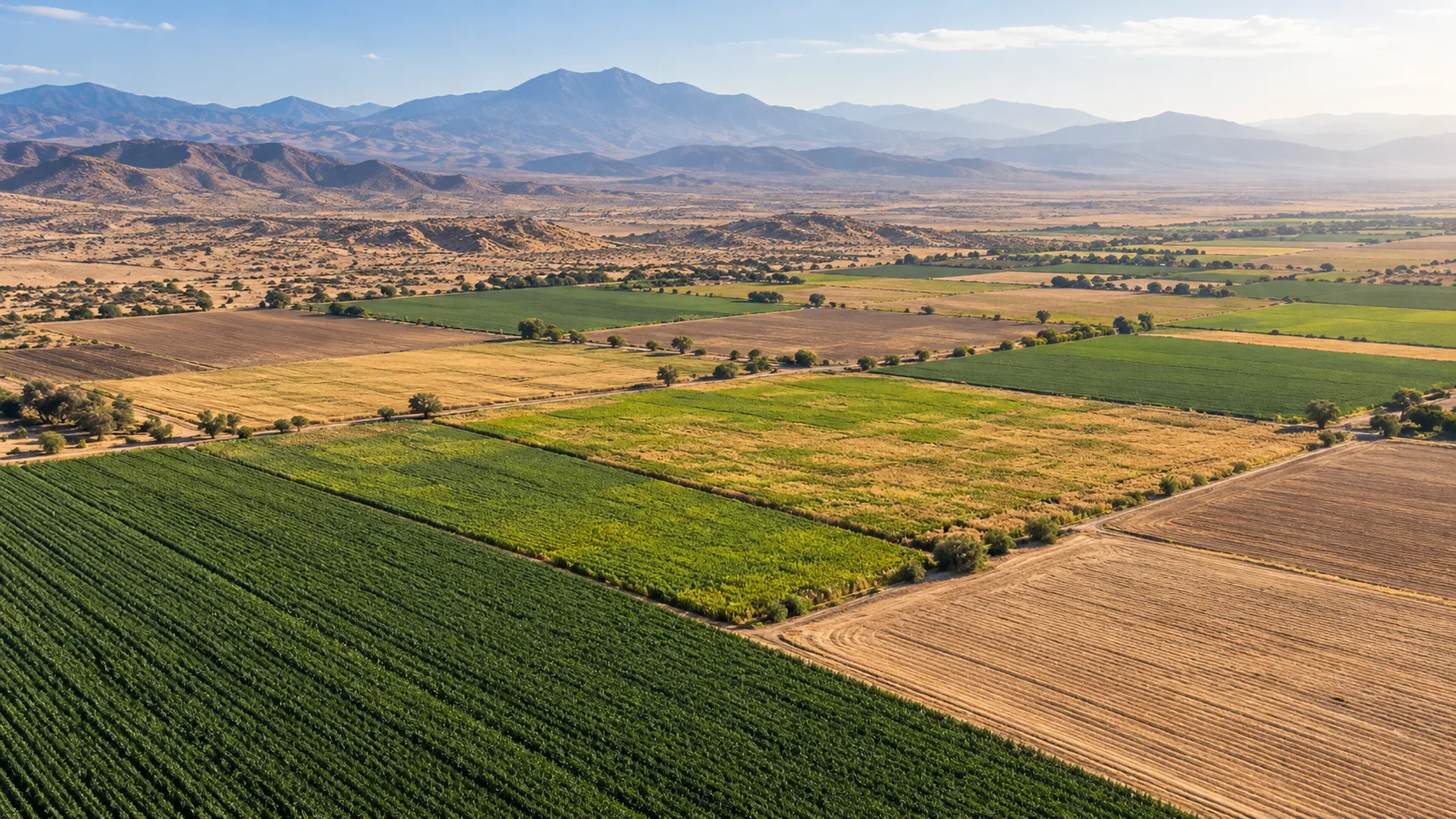 Aerial fields transitioning into dry semi-arid terrain