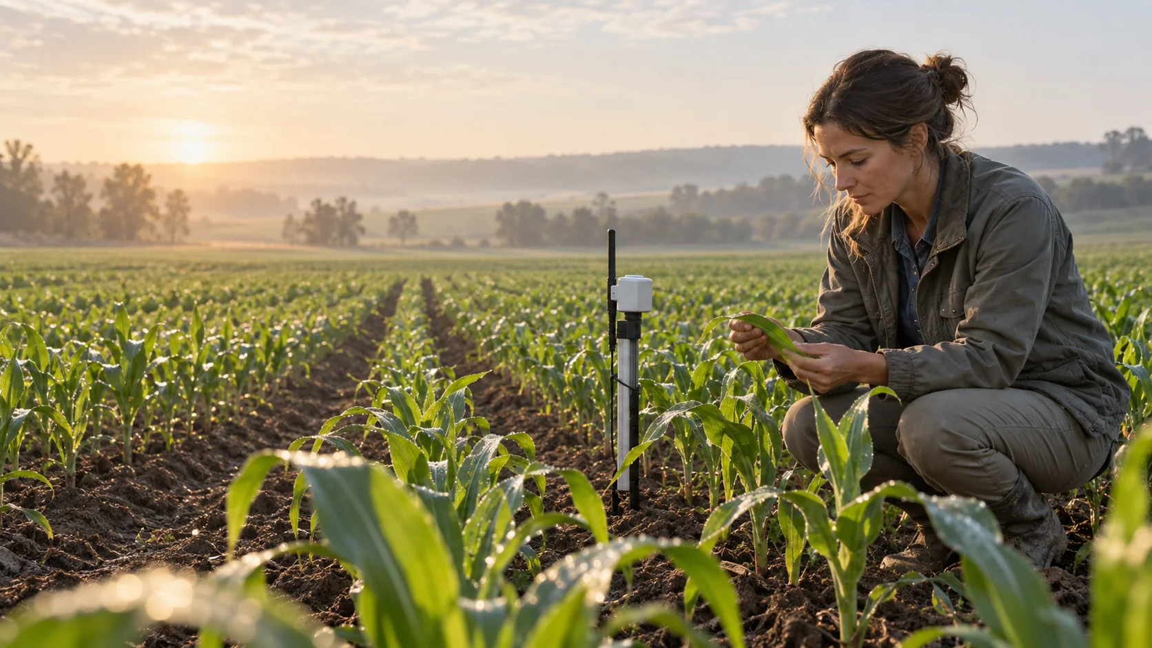 Agronomist checking crop leaves beside a soil sensor
