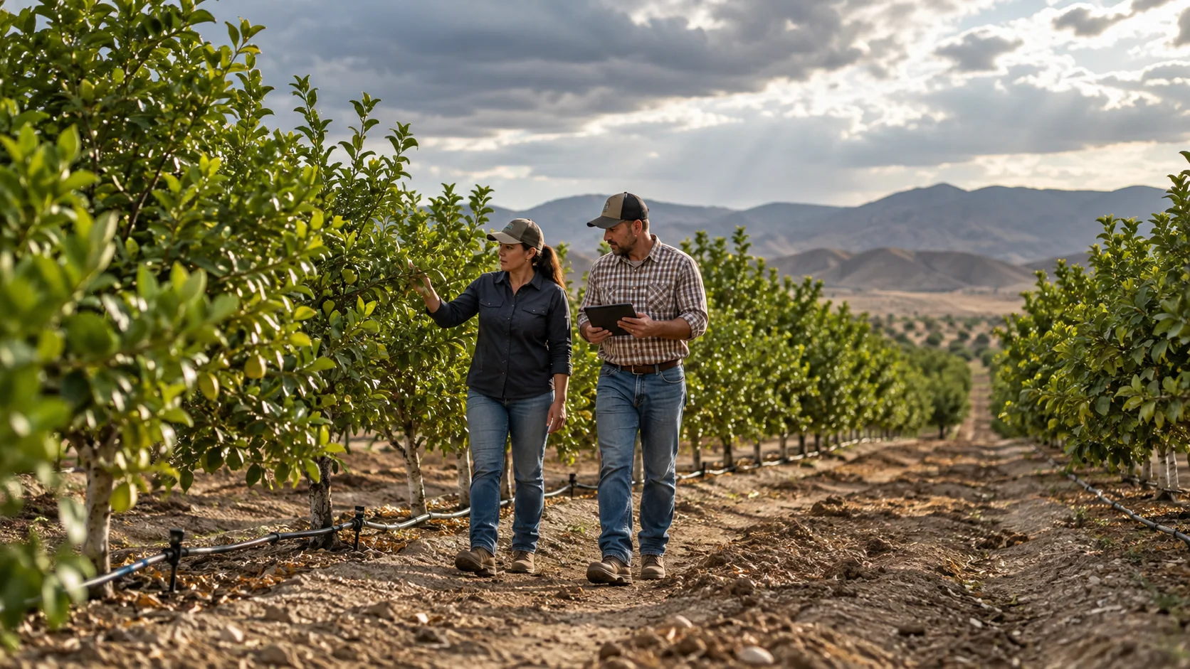 Agricultural specialists discussing field conditions in an orchard