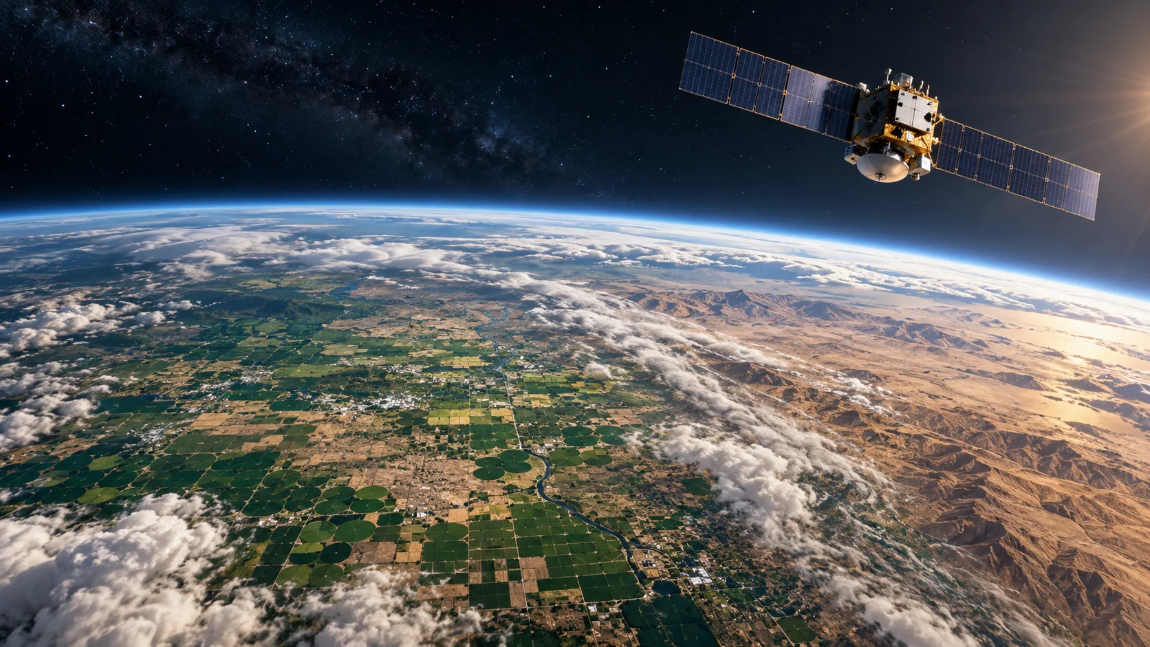 Satellite observing irrigated farmland across the curved Earth