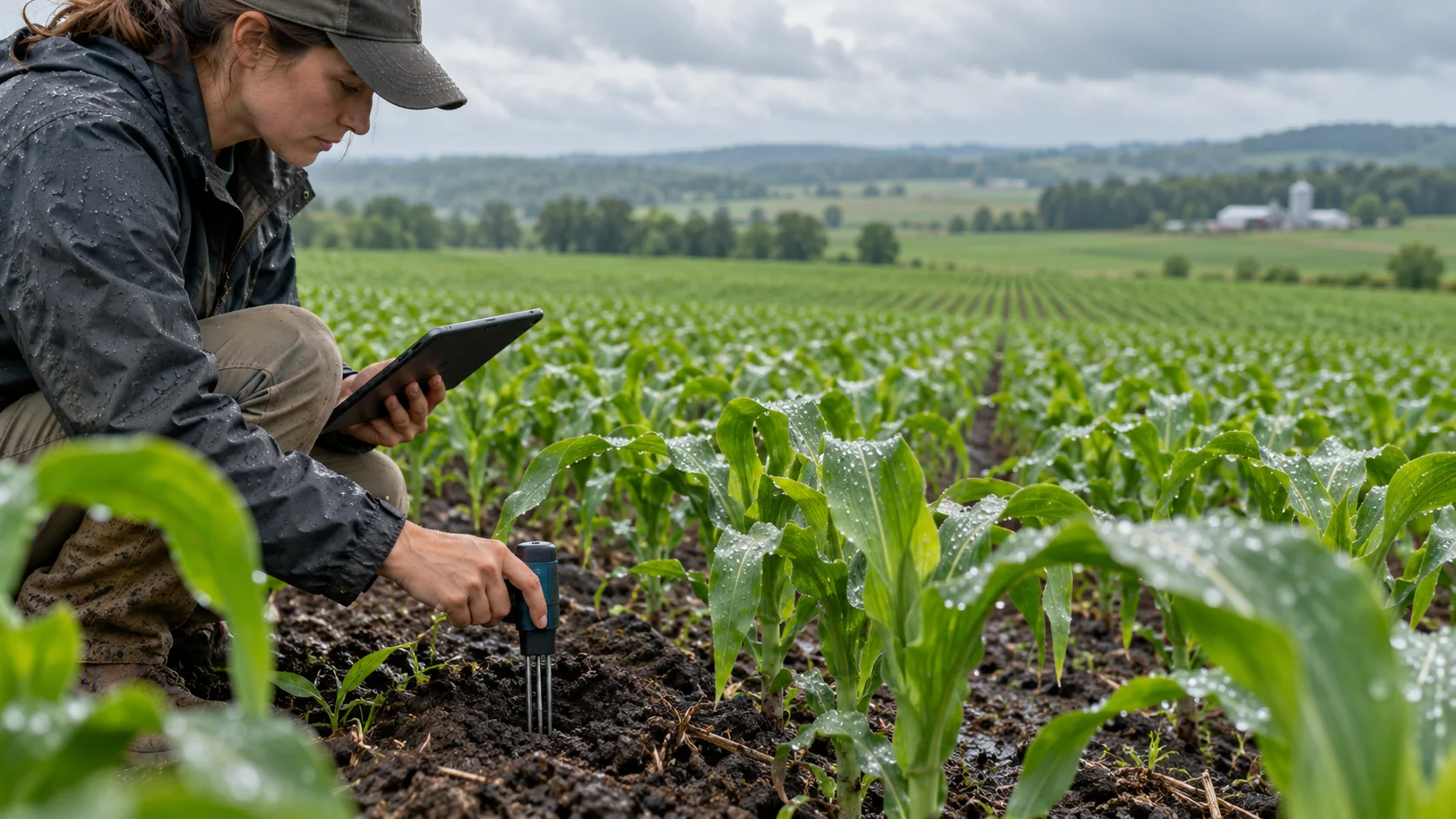 Field technician checking a crop and soil moisture instrument after rain