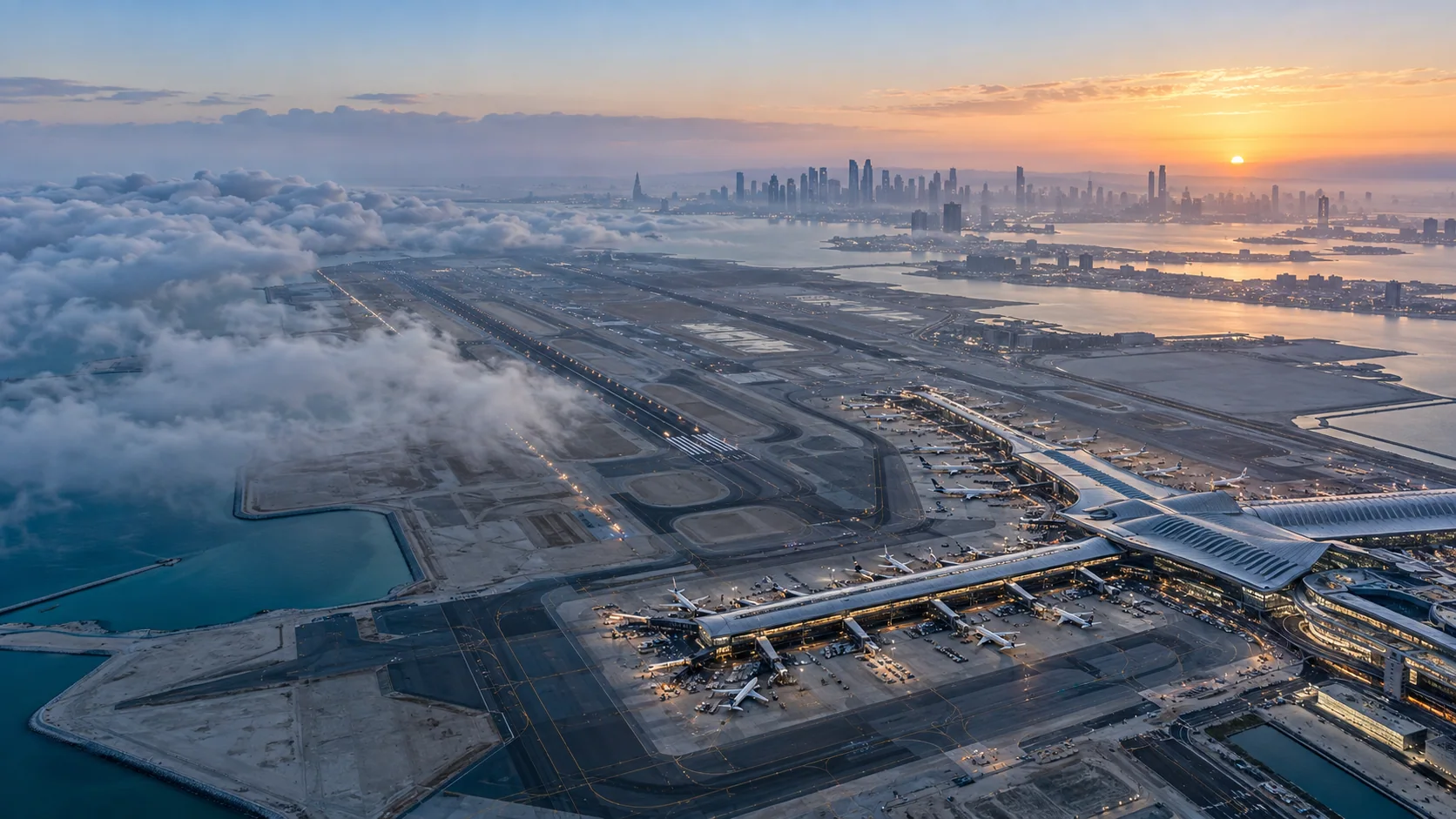 Aerial airport and runway network beneath a low cloud bank