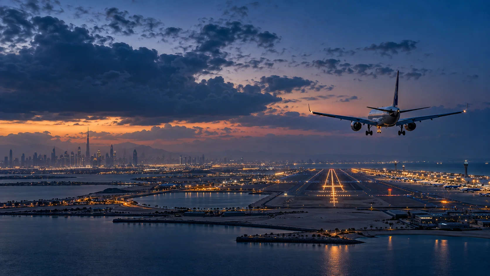 Passenger aircraft approaching a Gulf airport at blue hour beneath layered storm clouds