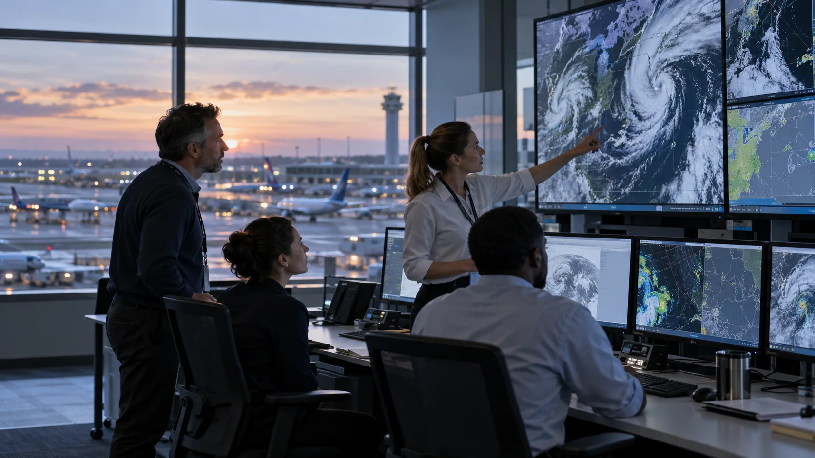 Aviation dispatch team reviewing a weather system on large displays