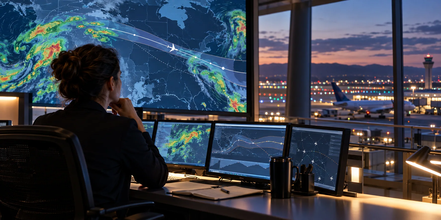 Aviation operations desk with regional satellite weather imagery