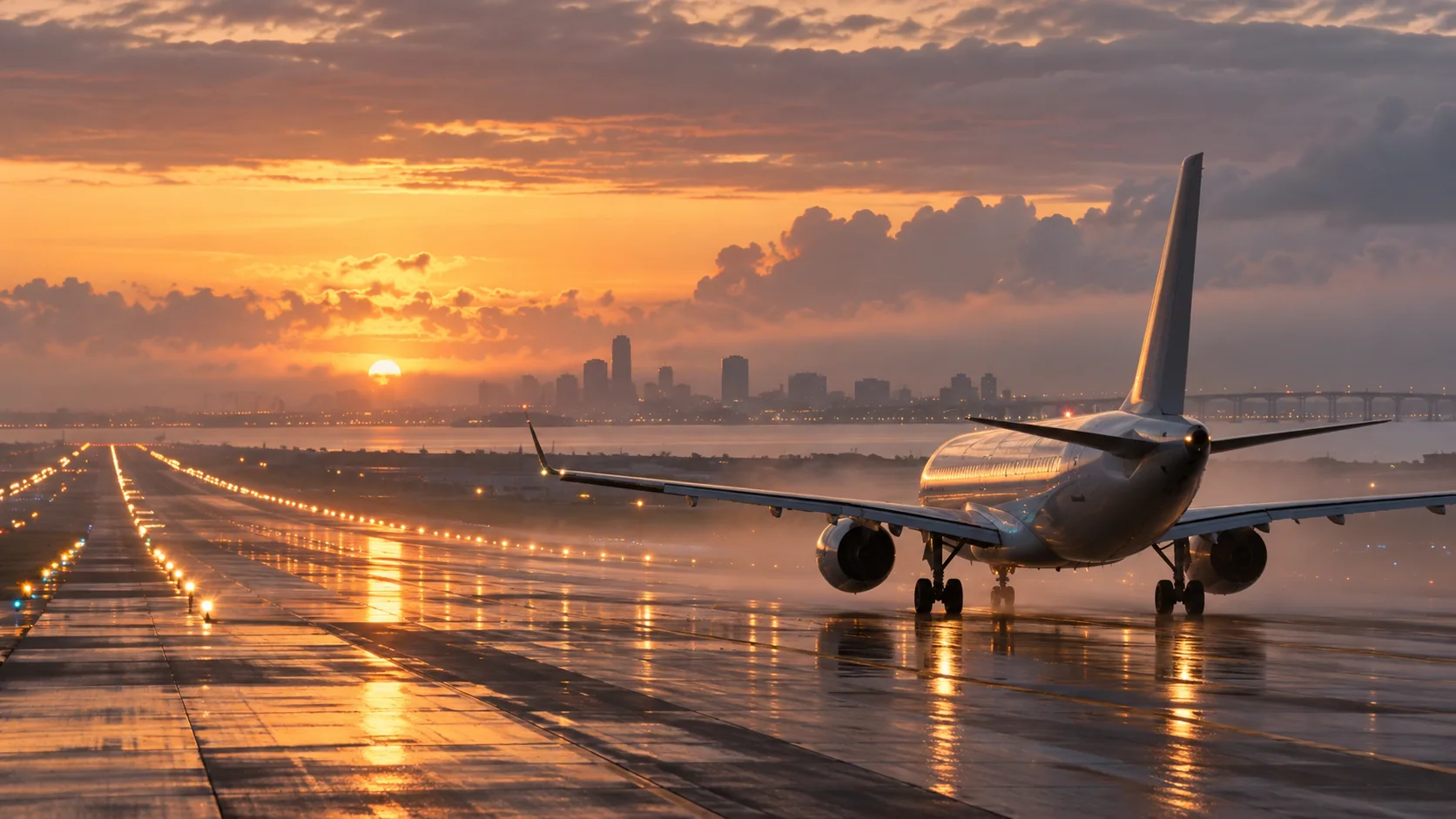 Passenger aircraft taxiing along a rain-darkened runway at dawn