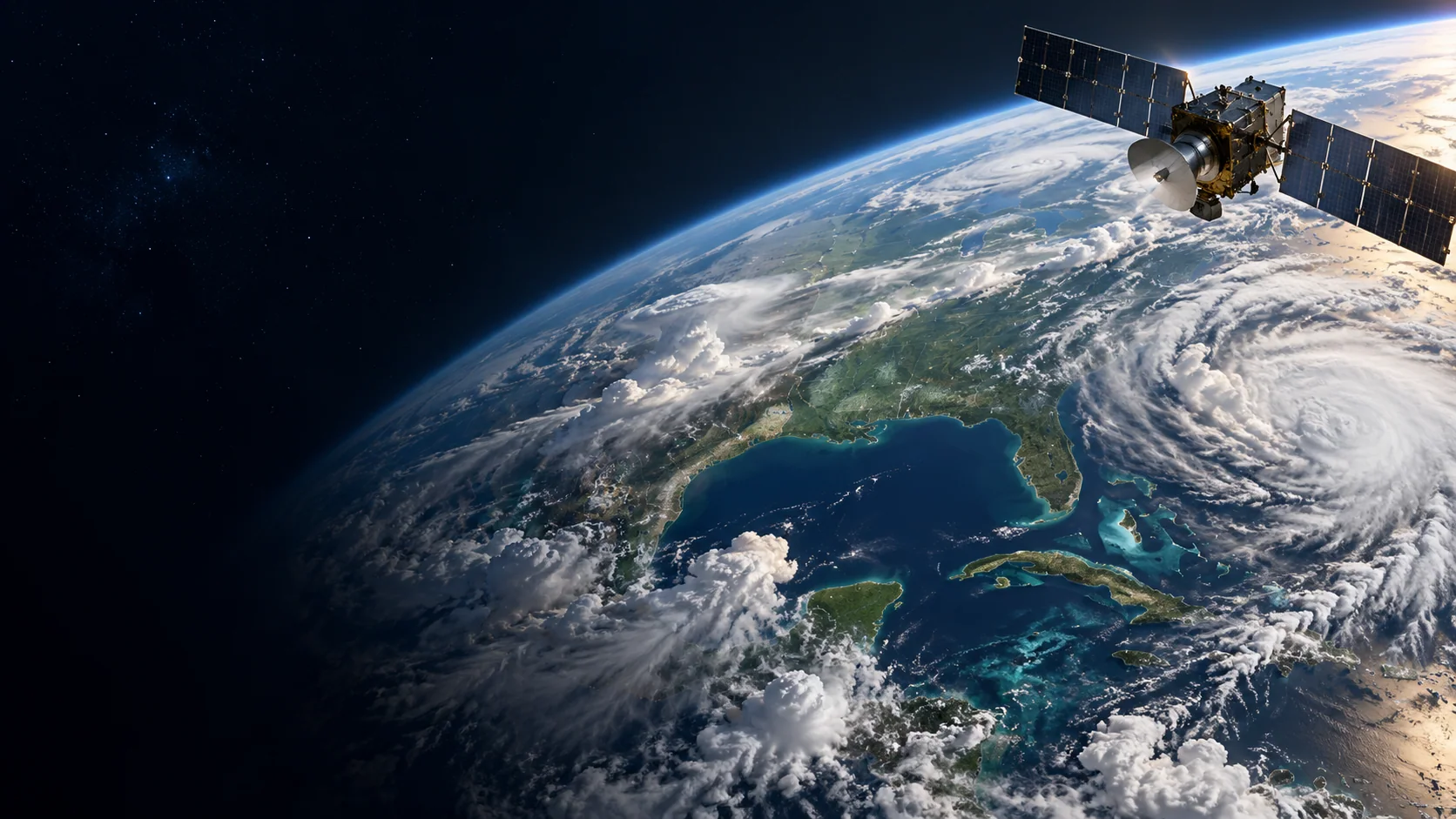 Weather satellite observing cloud systems above the curved Earth