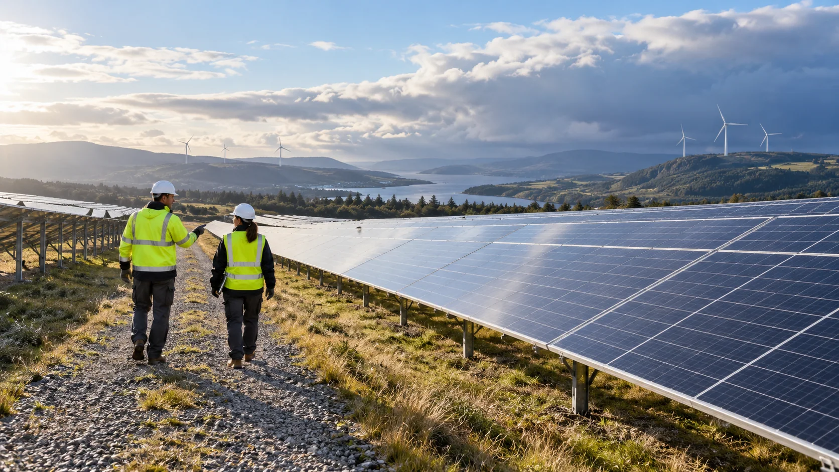 Renewable energy technicians inspecting solar panels