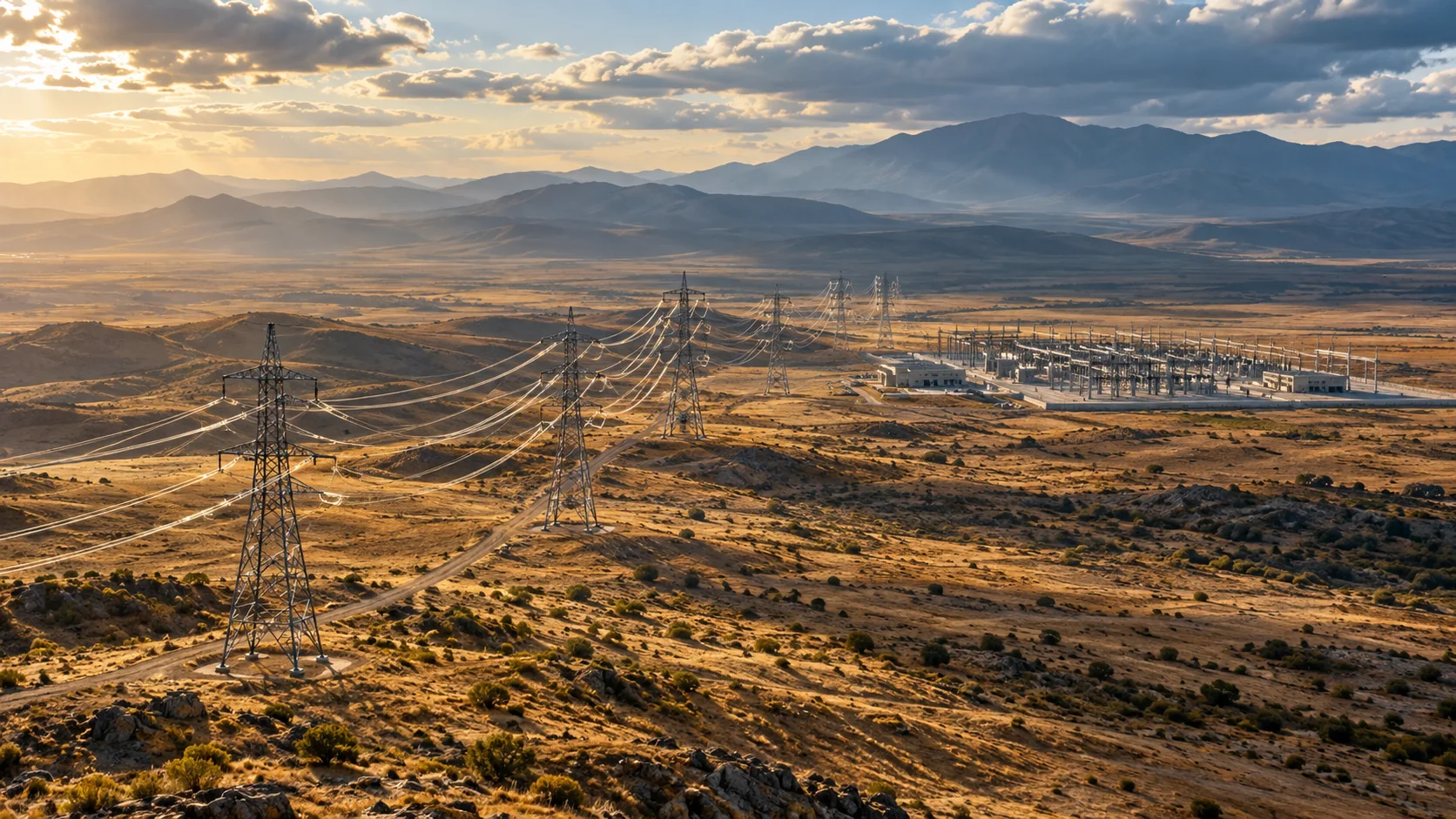 Power transmission infrastructure crossing an arid landscape under changing clouds