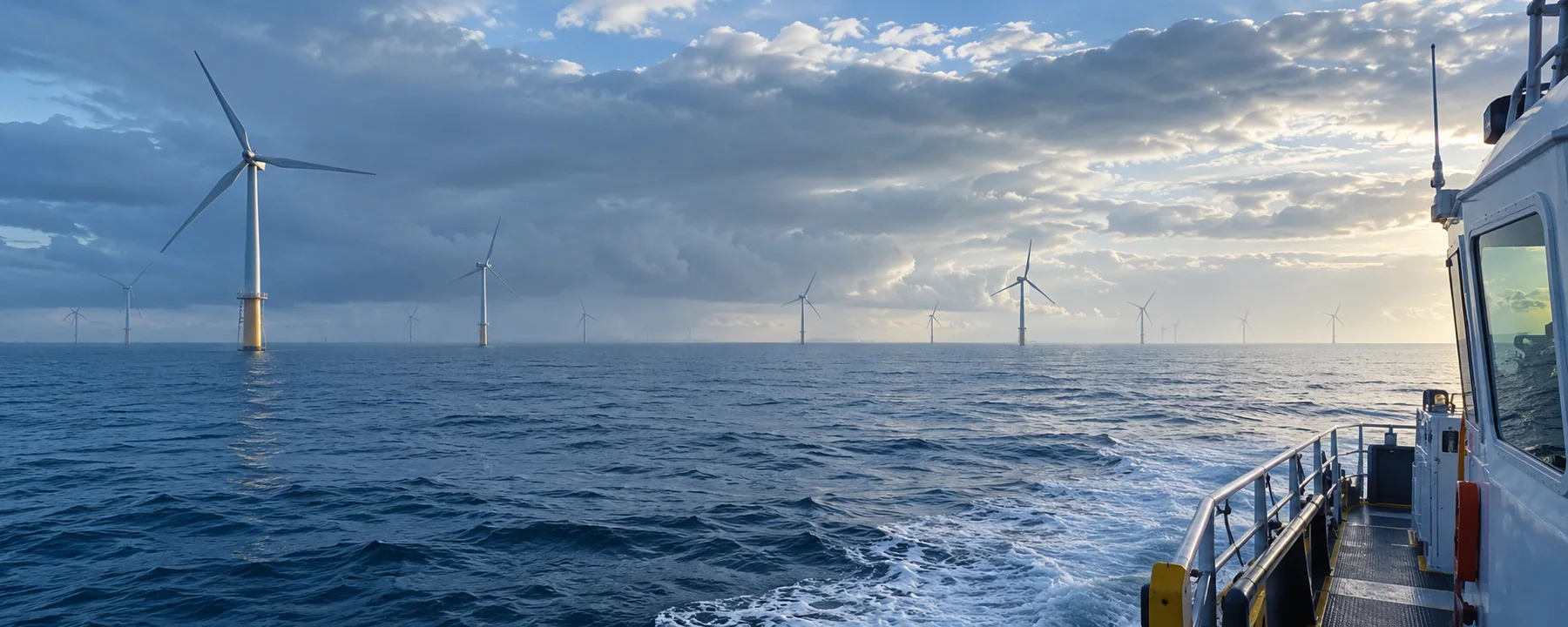 Offshore wind farm across a moderately calm sea