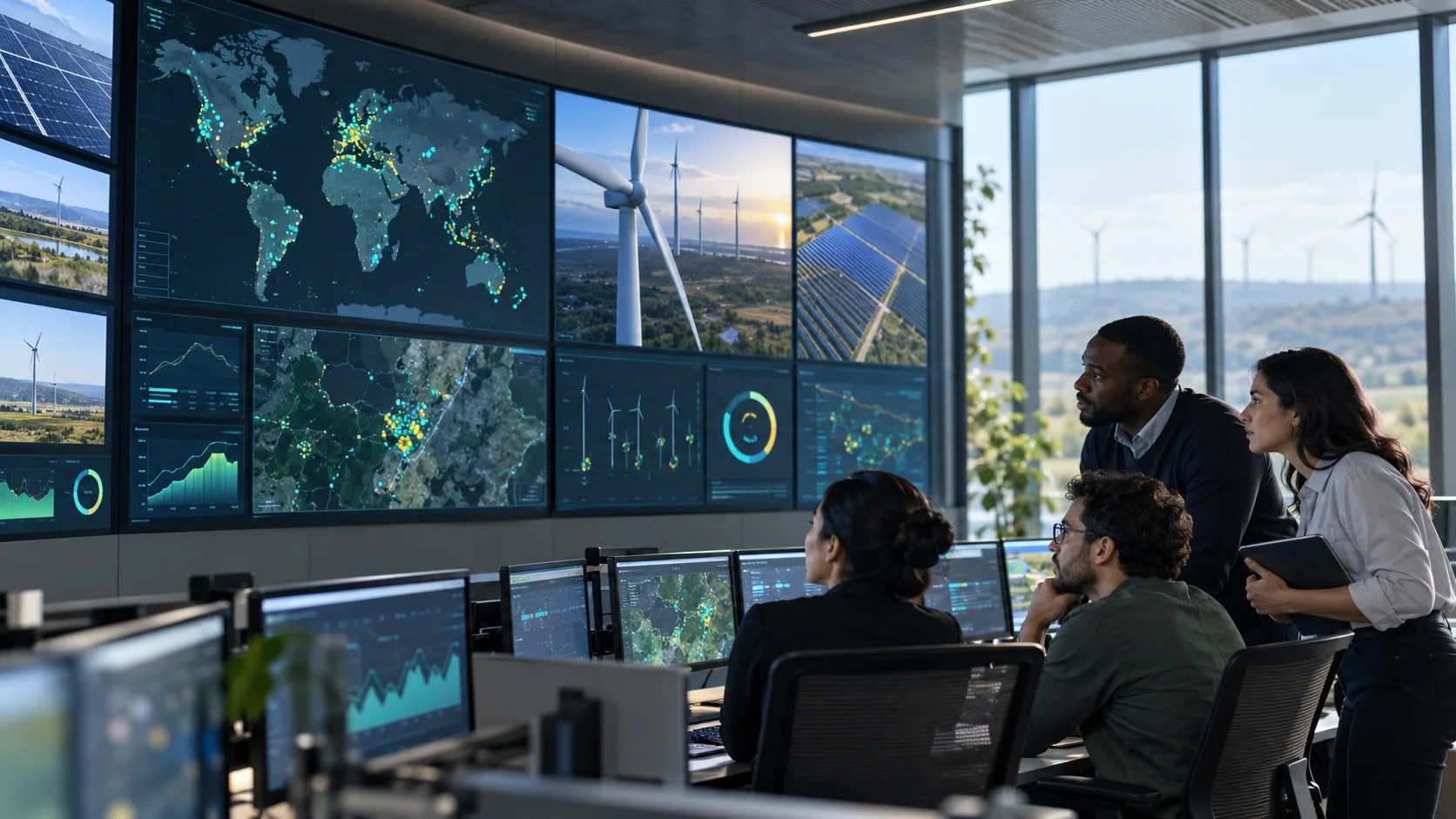 Energy team reviewing renewable assets in a control room