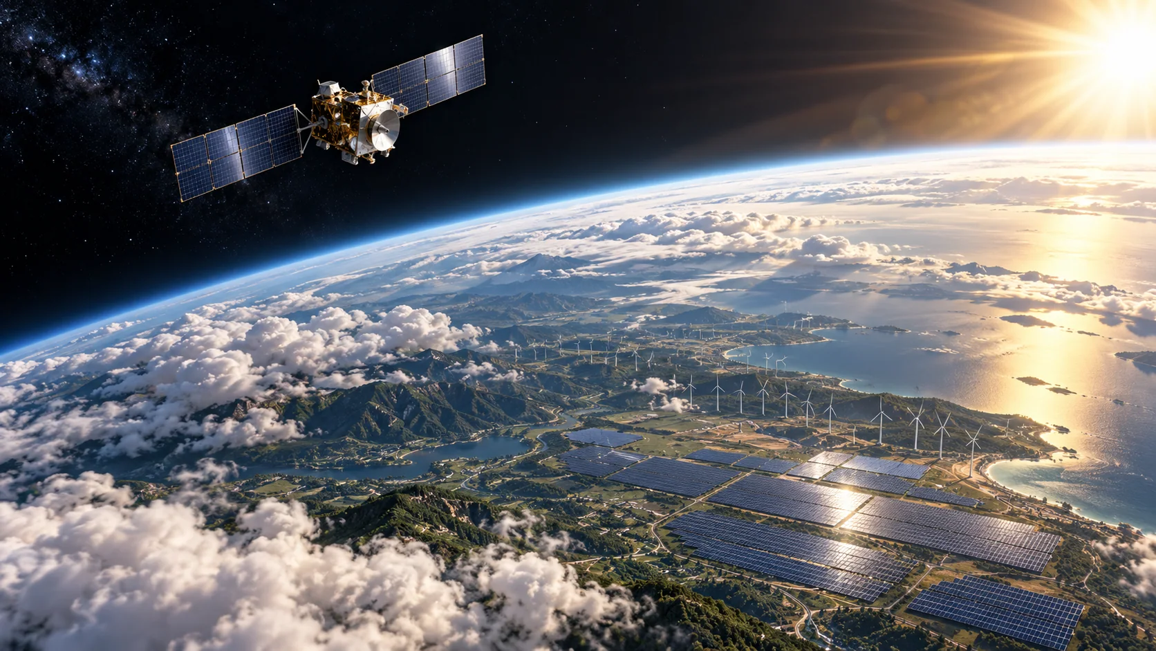 Satellite viewing sunlight and cloud layers over renewable assets