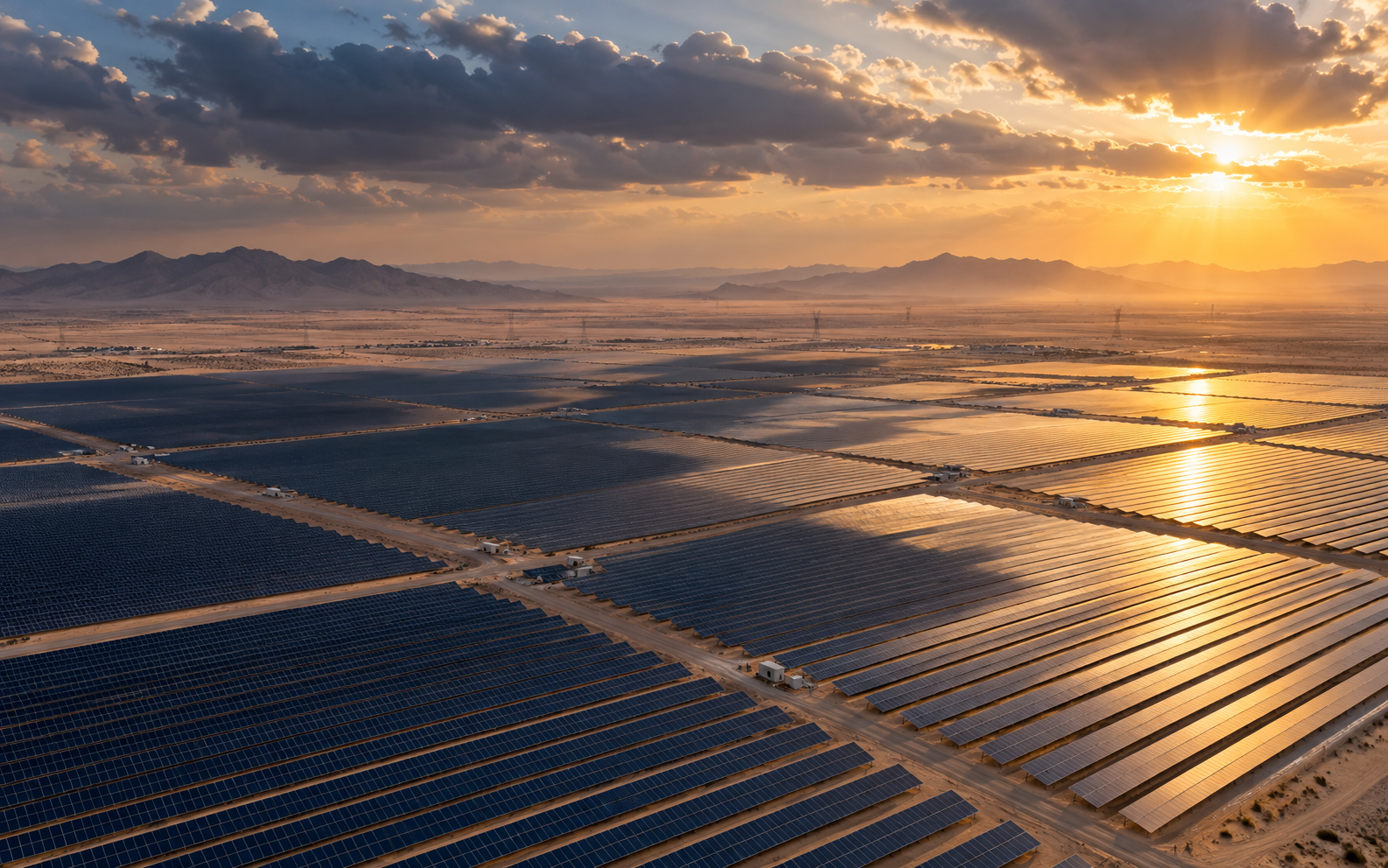 Cloud shadows moving across a Gulf-region solar farm