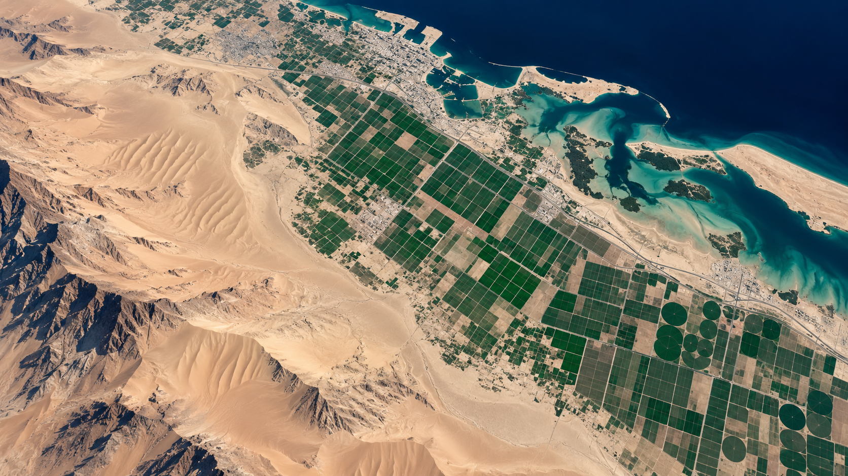 Desert, coast, and cultivated land in the UAE from above