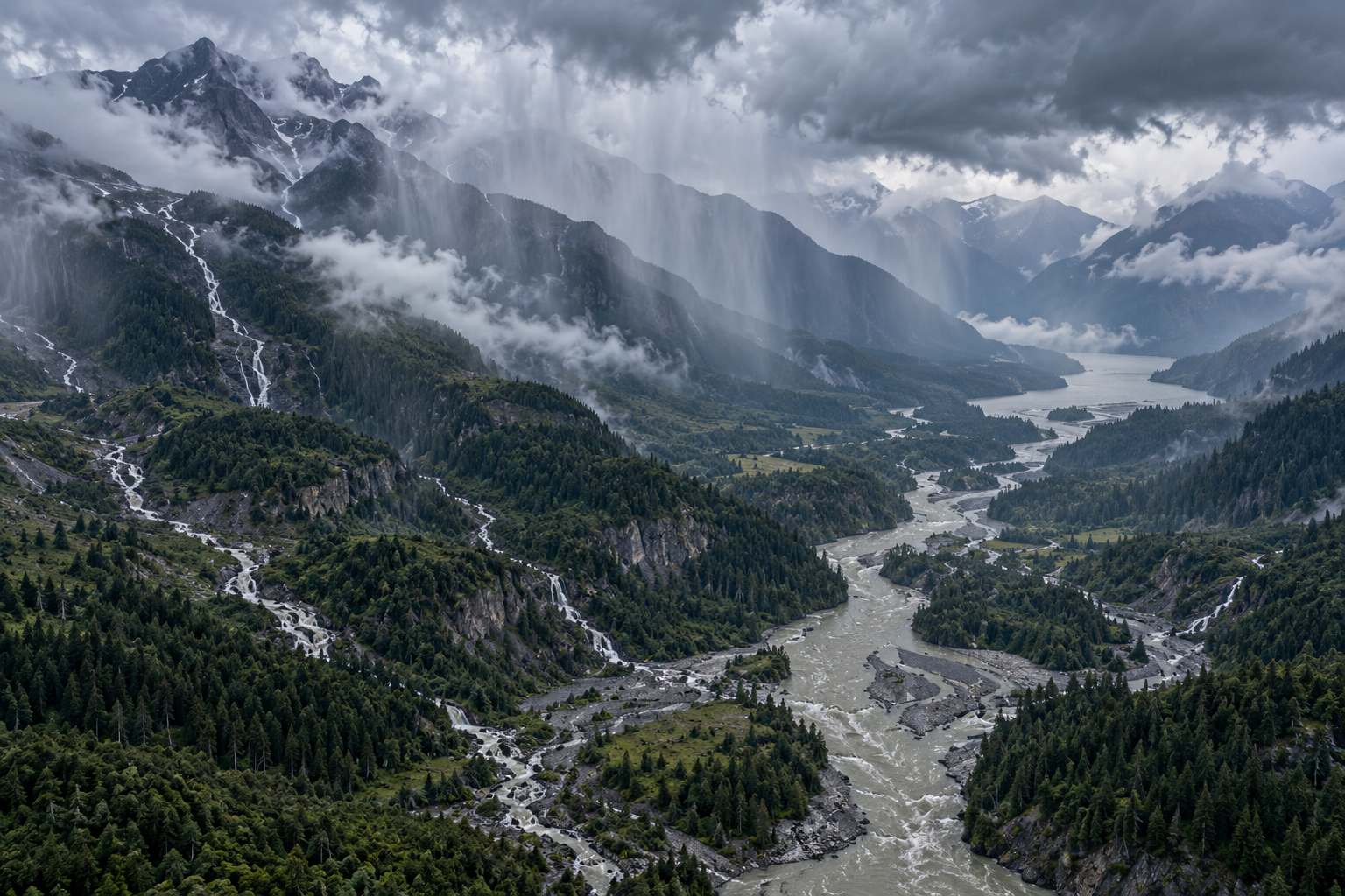 Storm clouds and rainfall over branching mountain tributaries