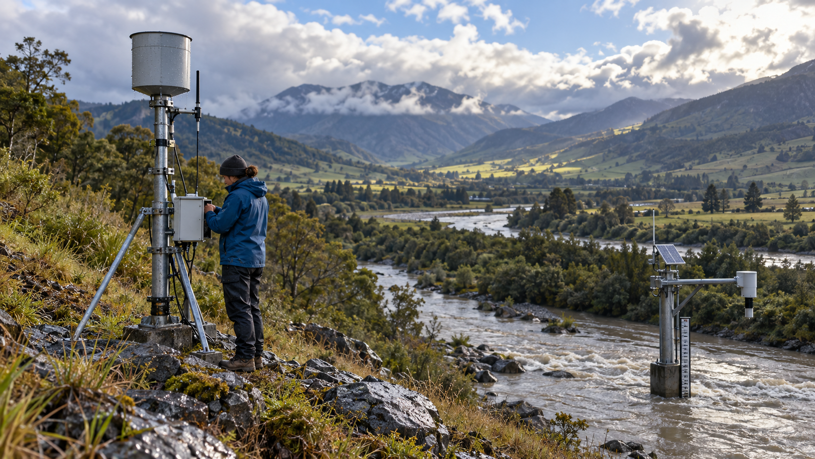 Hydrologist checking an automated rain gauge after a storm