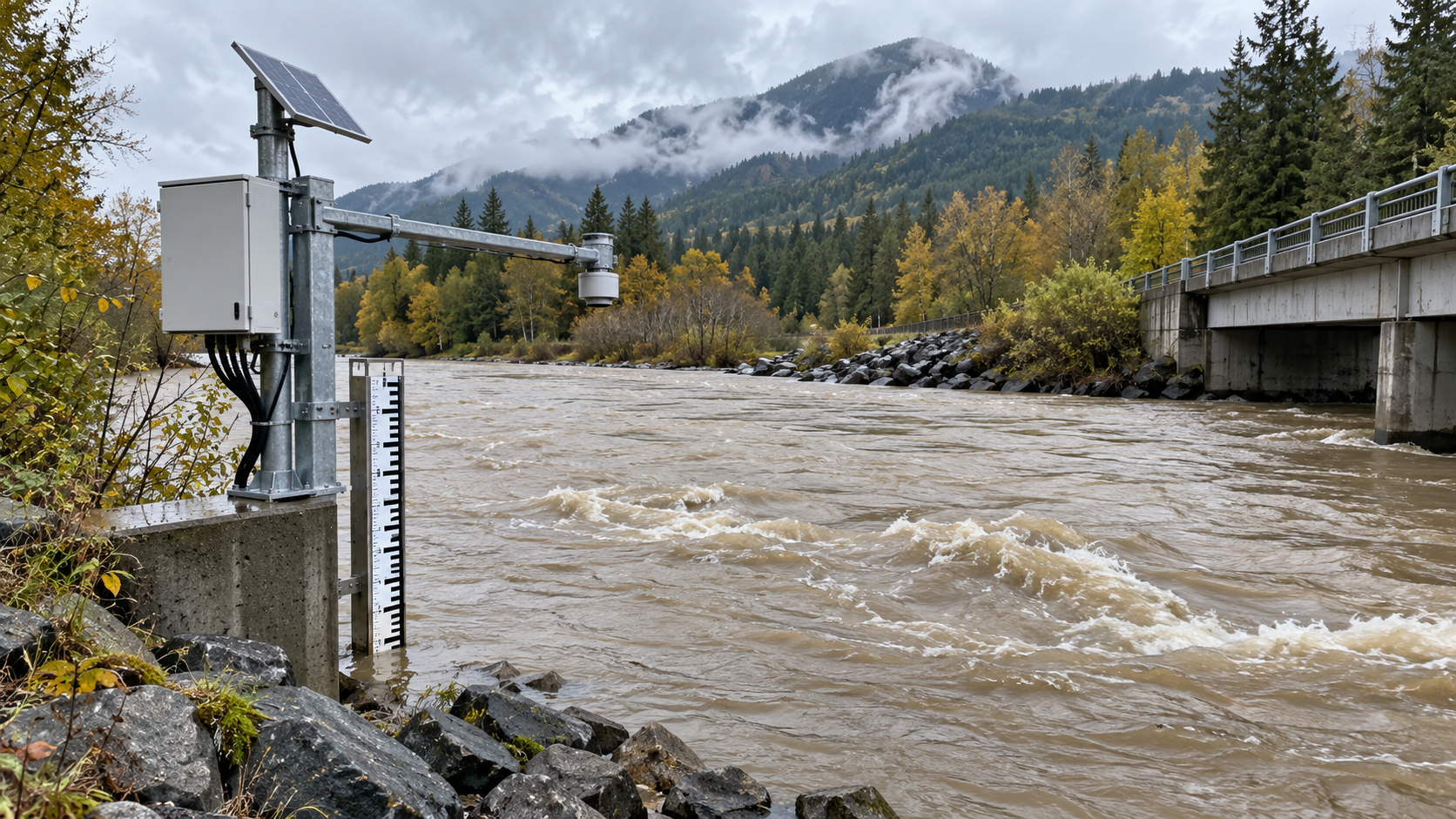 River gauging station beside a raised river after rainfall