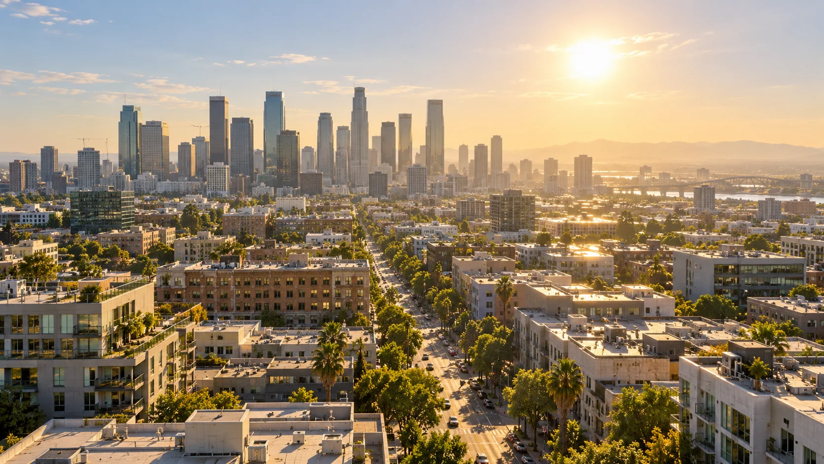 City district under warm afternoon light with atmospheric heat haze