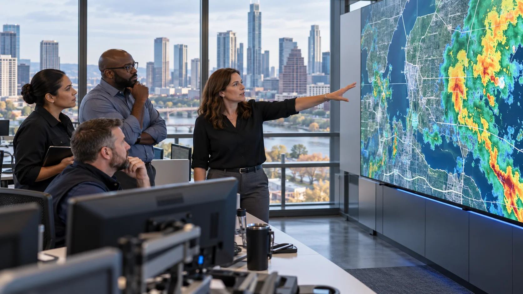 Municipal operations team reviewing regional weather maps