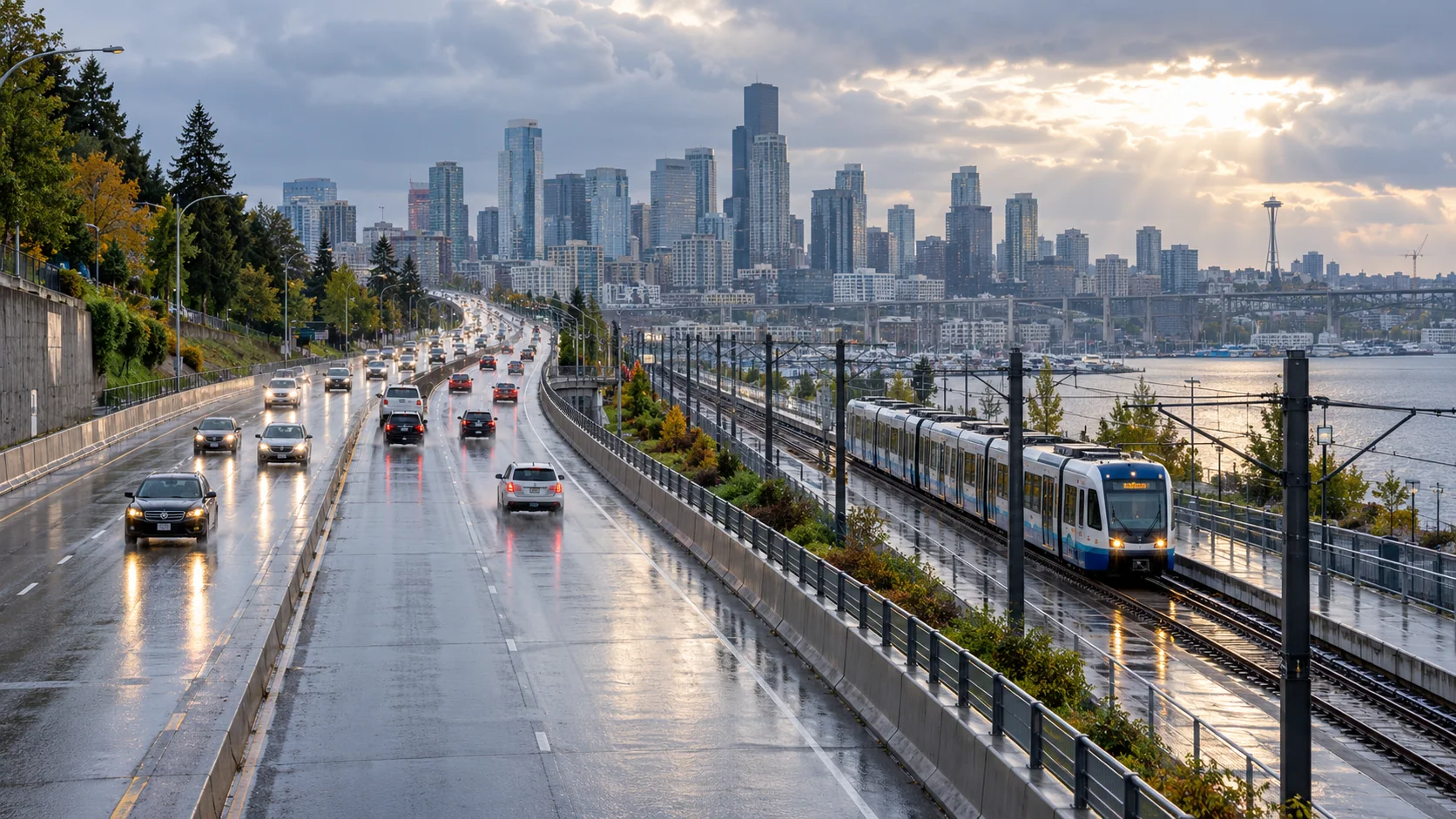 Urban road and rail corridor during steady light rain