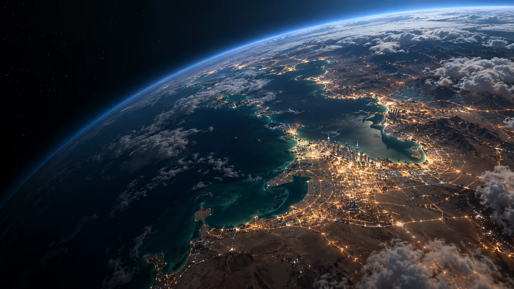 Satellite observing city lights and atmospheric layers over Earth