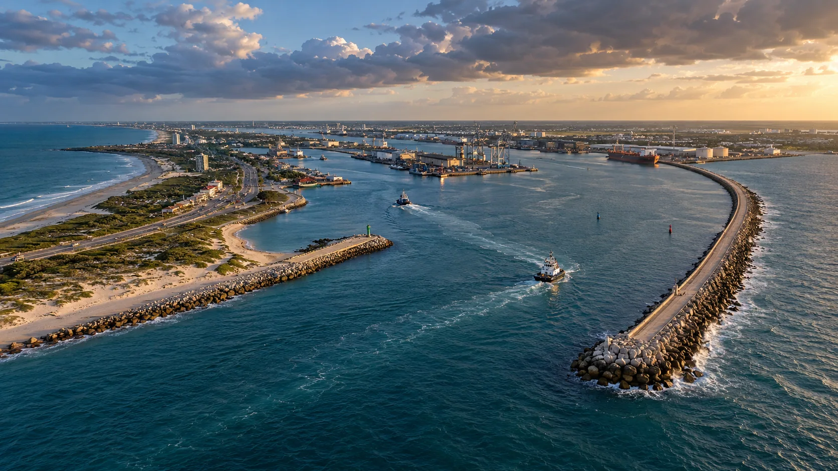 Aerial view of a Gulf harbor entrance and coastal breakwater