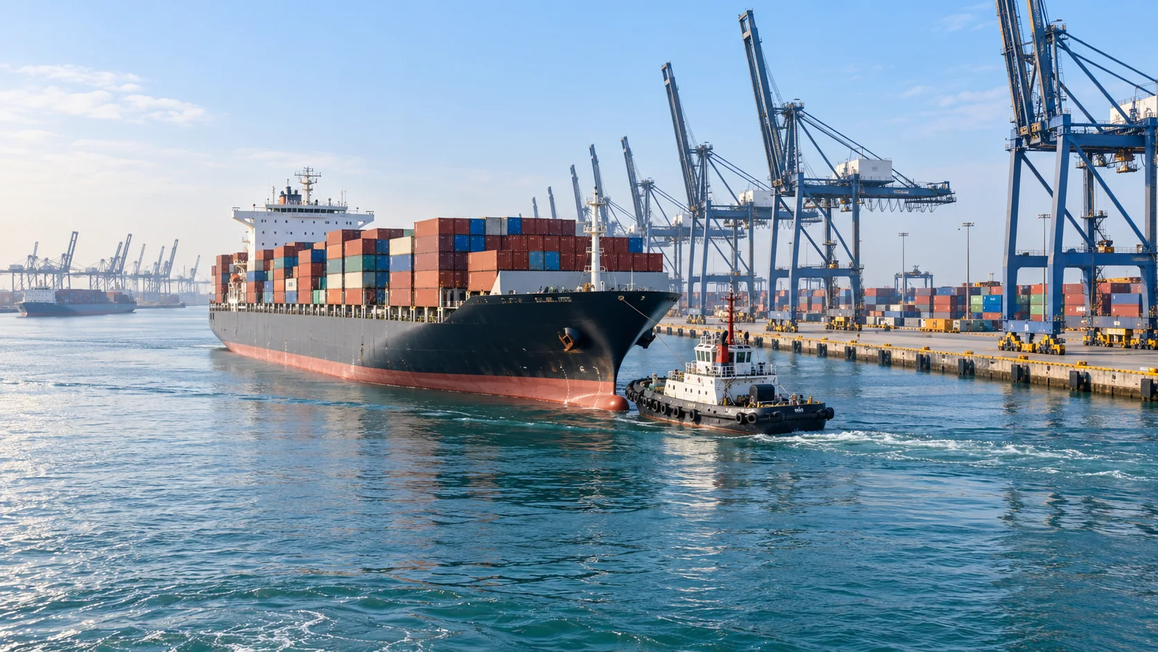 Container ship and harbor tug beside a modern terminal