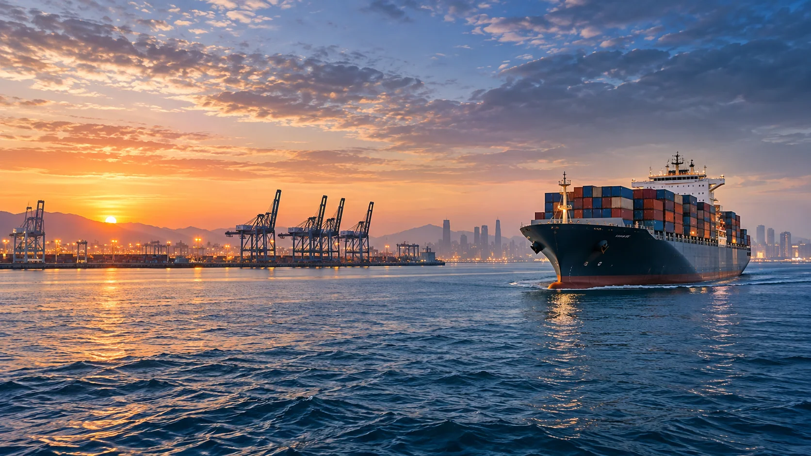 Container vessel approaching a deep-water port on the Arabian Gulf at dawn