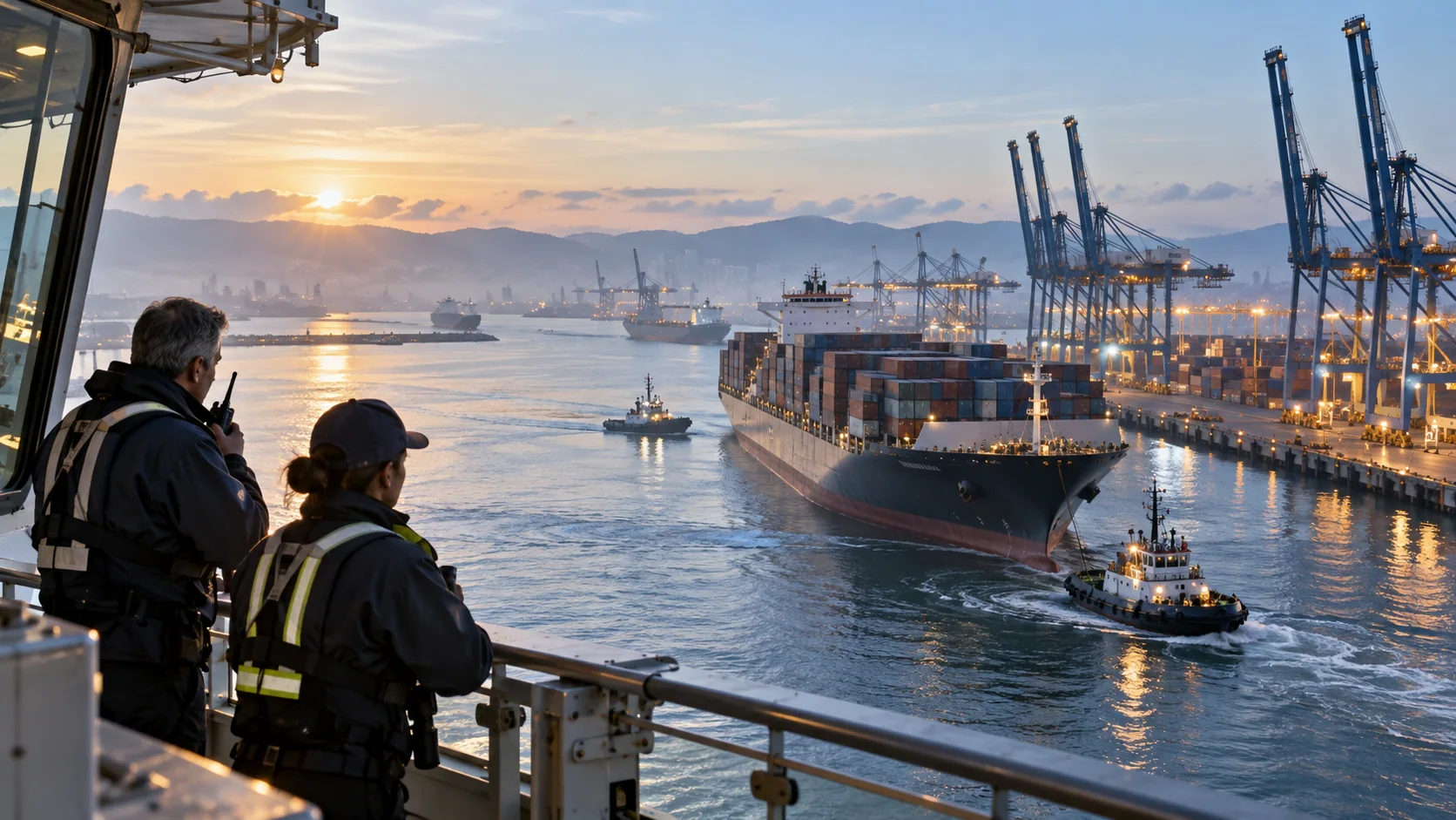 Harbor operations team looking across a working port