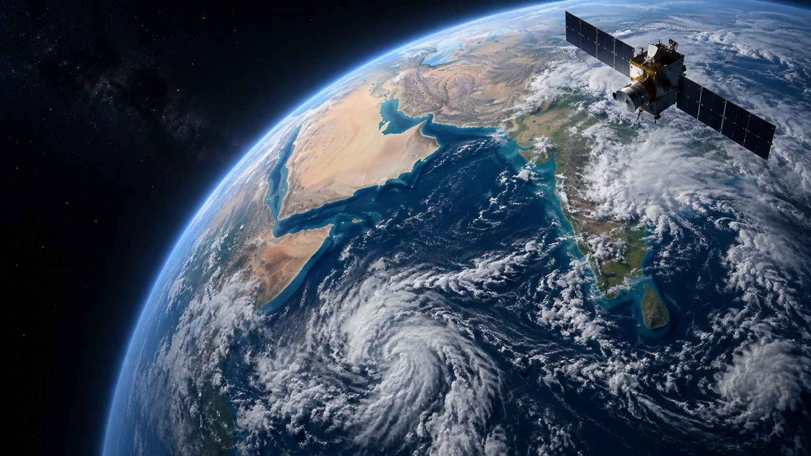 Weather satellite observing cloud bands over the Arabian Sea