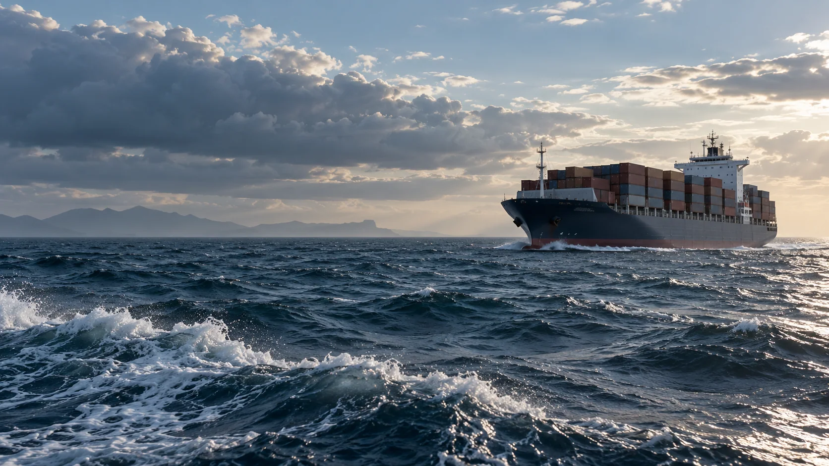 Container vessel crossing moderate textured sea beneath a cloud front