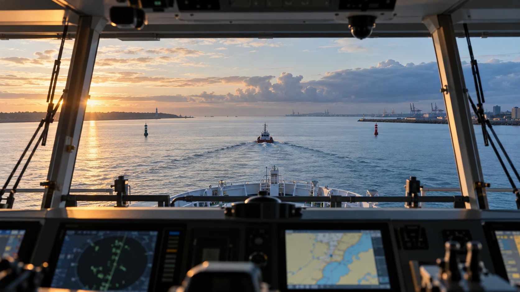 View from a ship bridge across a shipping lane at morning light