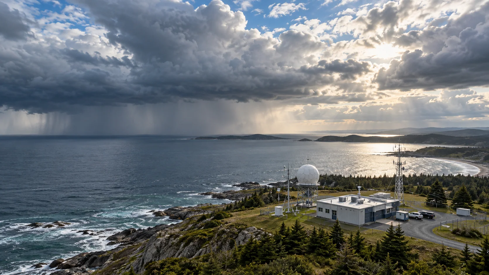 Coastal weather station beneath a broken storm cloud deck