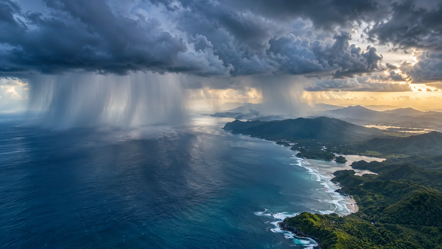 Rain bands sweeping across a coastal landscape viewed from above