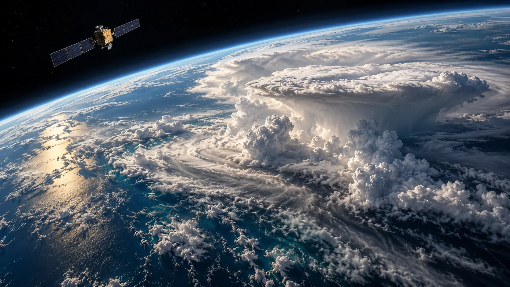 Satellite observing a convective storm system over the ocean