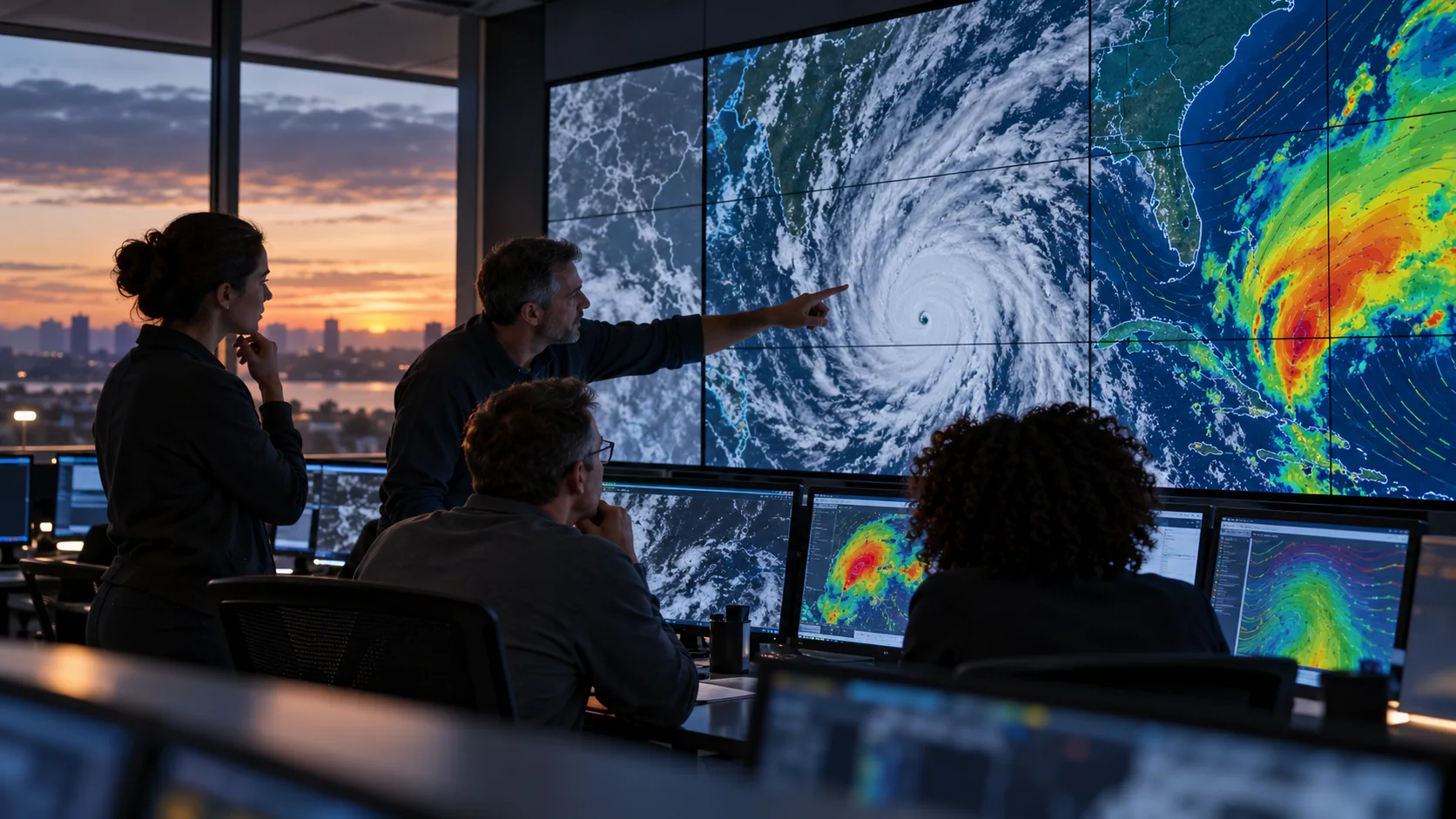 Weather analysts reviewing satellite and forecast data in an operations room