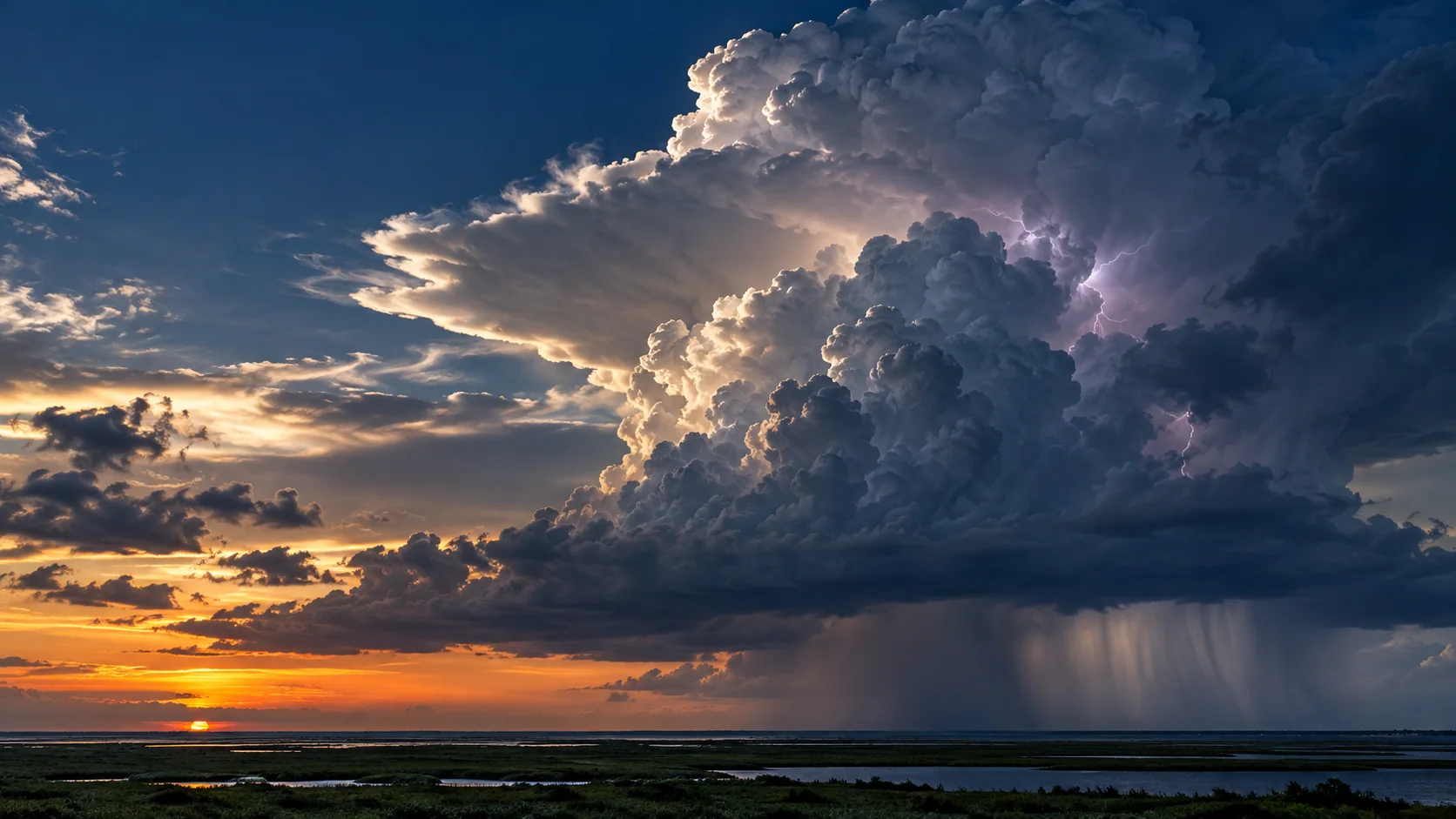 Tall cumulonimbus cloud with a distant rain shaft near the Gulf